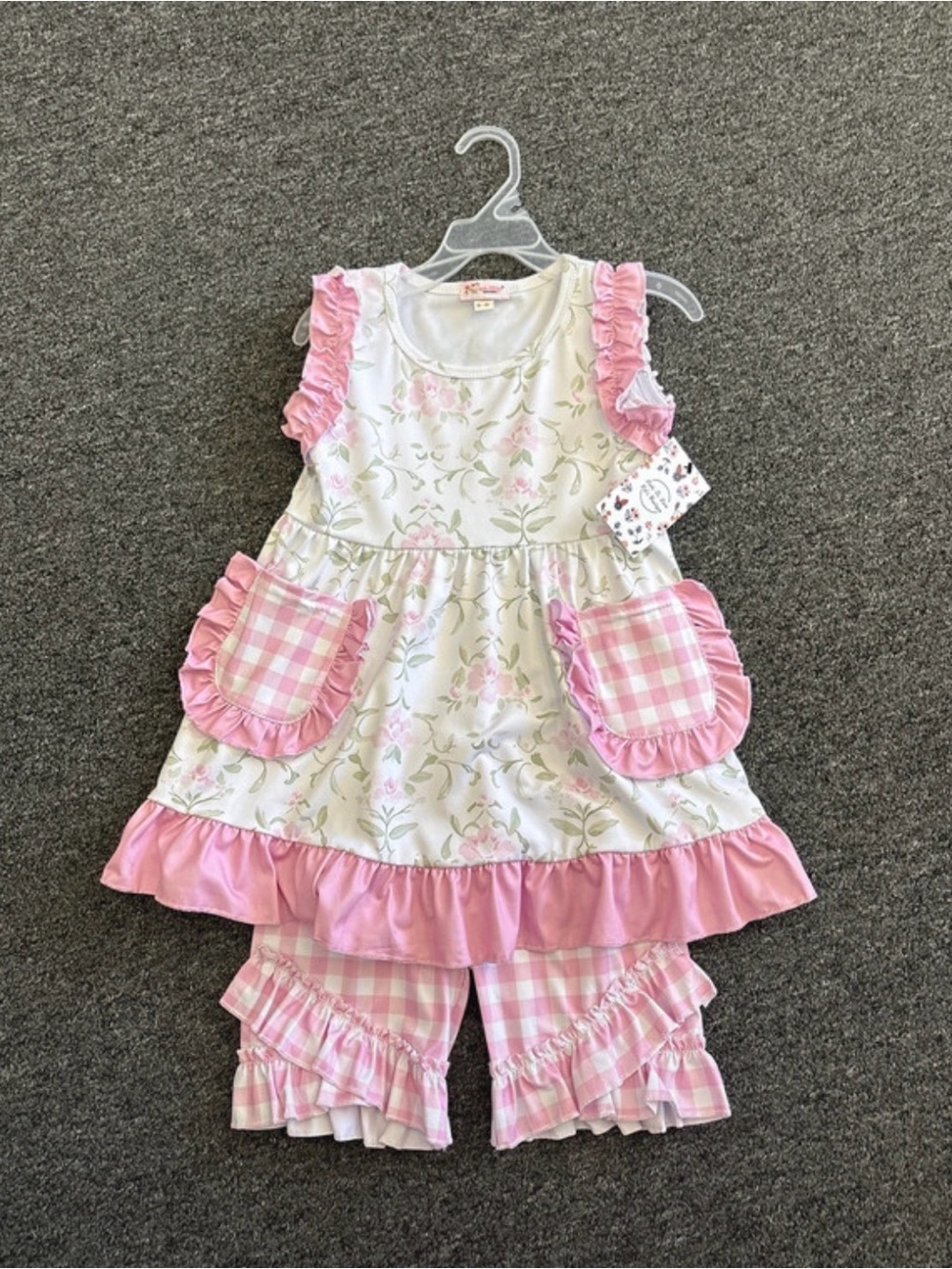 Girls 5-6 Pink Floral & Gingham Matching Set - Ruffled TunicShorts Boutique